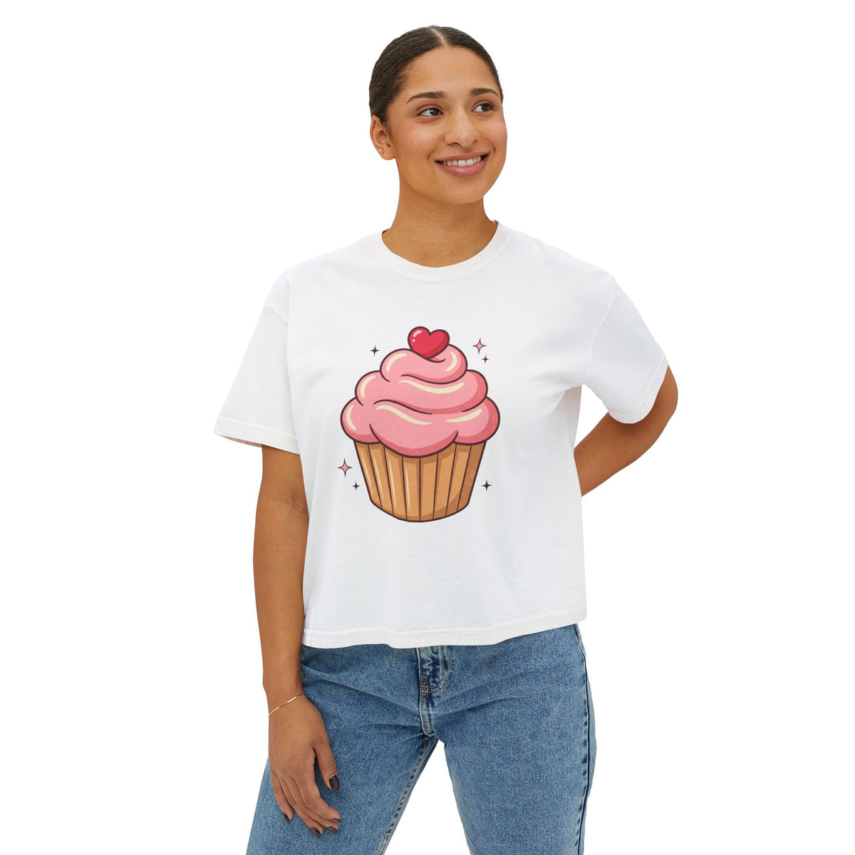 Cupcake Graphic Boxy Tee — Cute Pink Dessert Shirt for Women