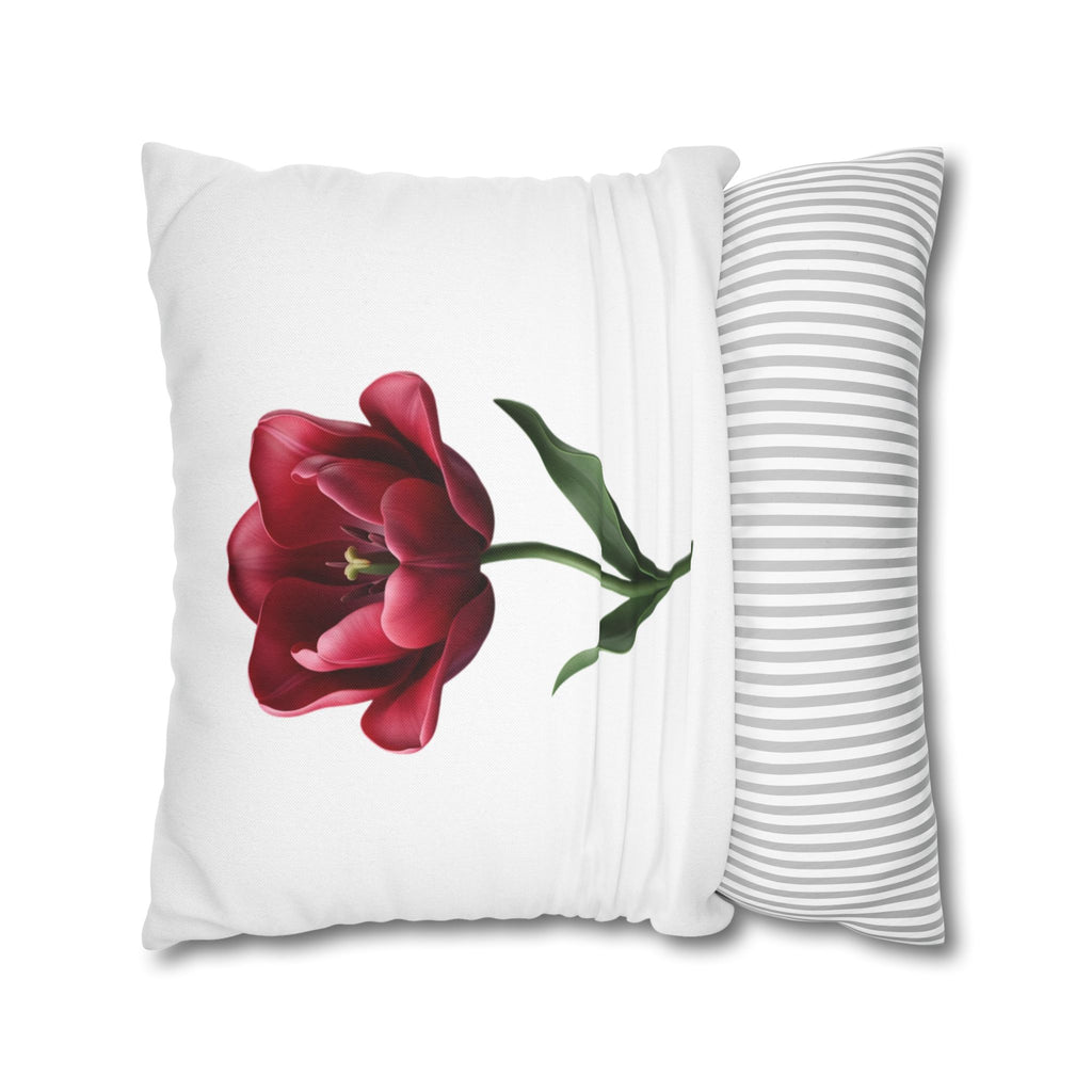 Red Tulip Floral Pillowcase — Botanical Square Throw Pillow Cover