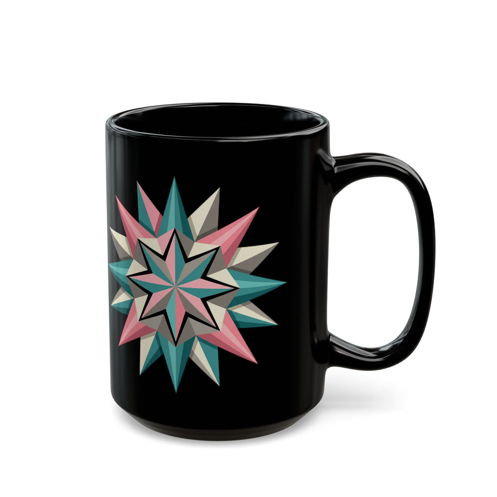 Geometric Starburst Black Coffee Mug — Retro Teal & Pink 11oz/15oz
