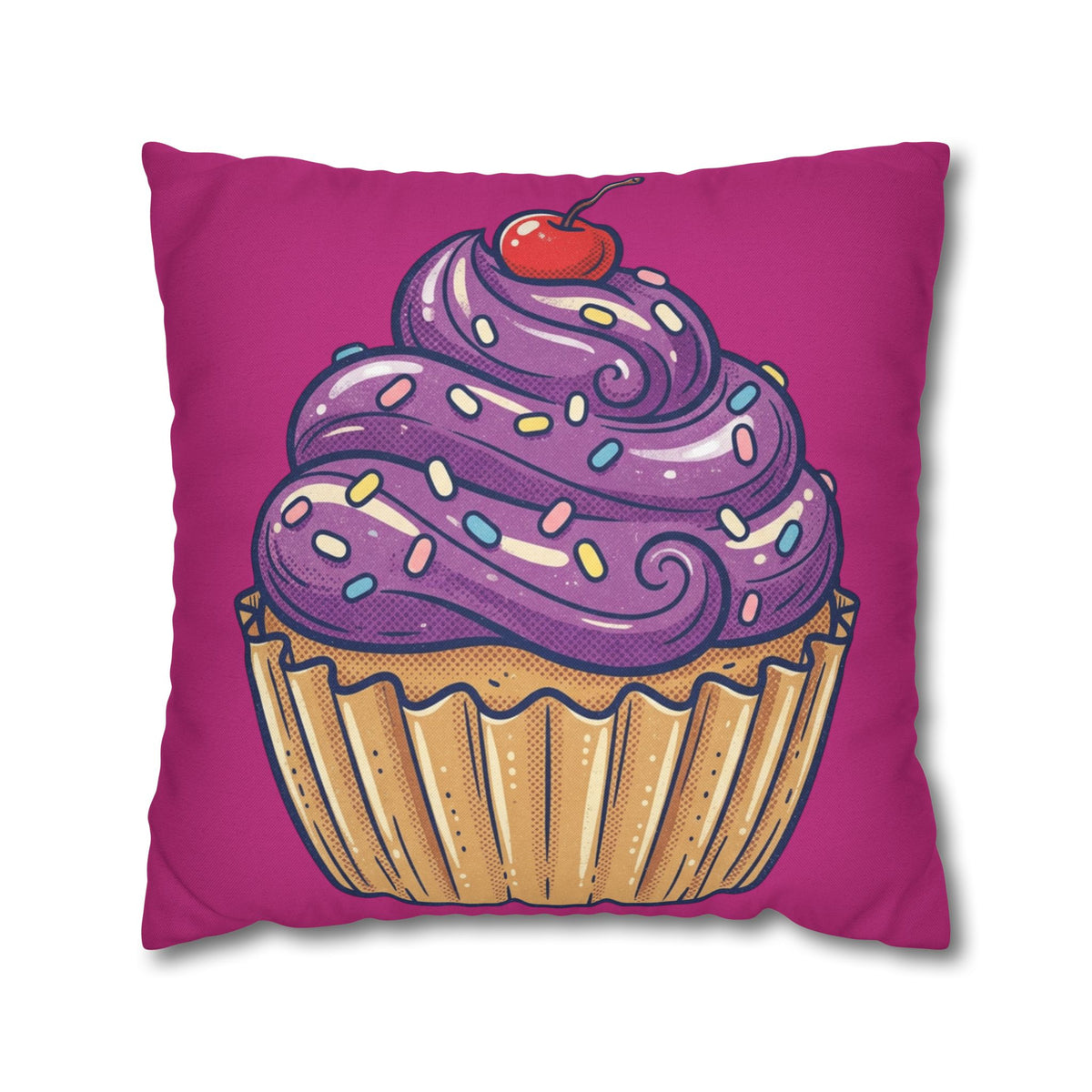 Cupcake Illustration Pillowcase - Purple Frosting Decorative Throw Pillow Cover- Magenta