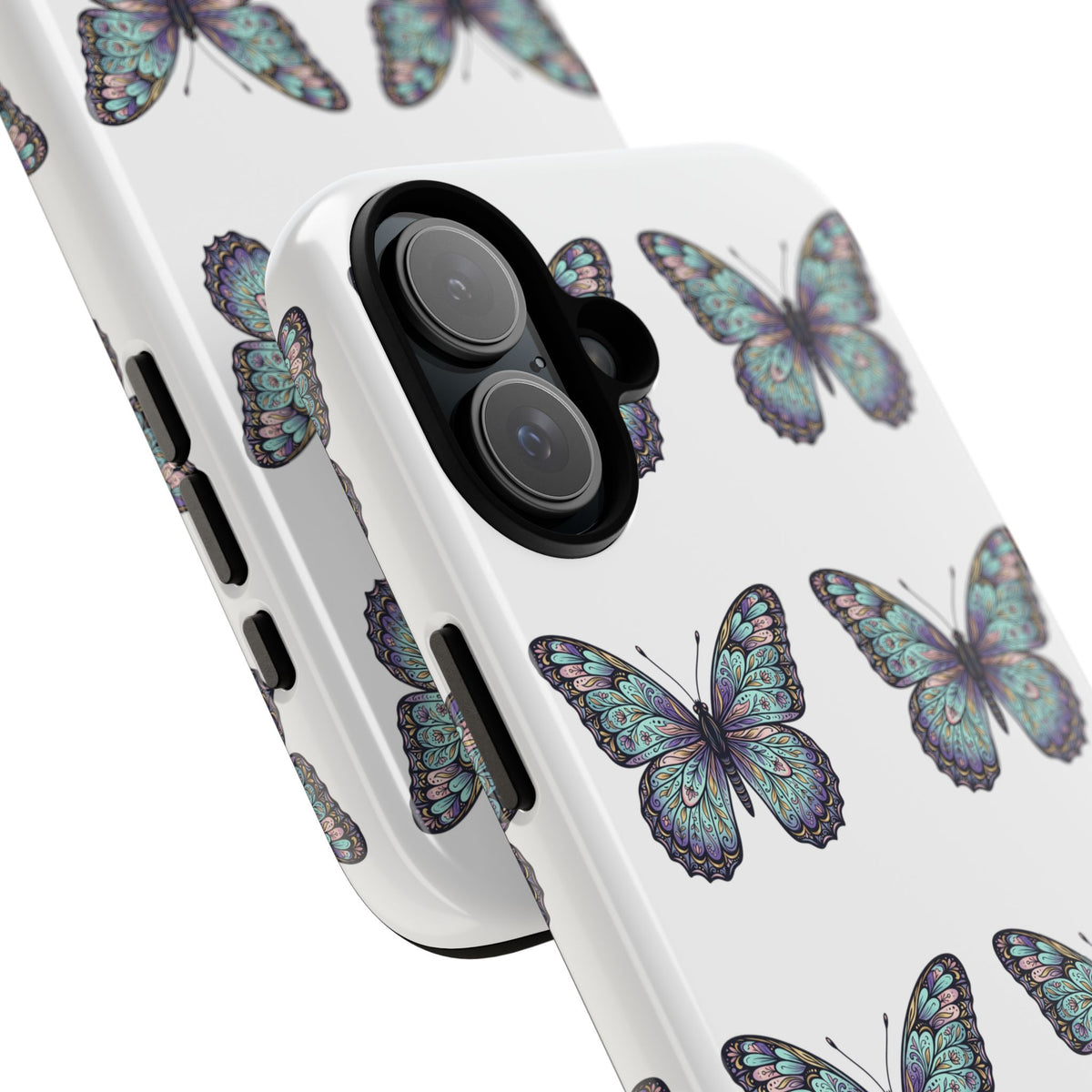 Butterfly Pattern Tough Phone Case — Vintage Teal Floral Protective Cover