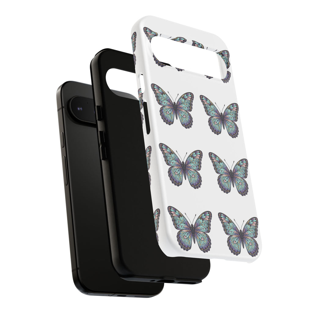 Butterfly Pattern Tough Phone Case — Vintage Teal Floral Protective Cover