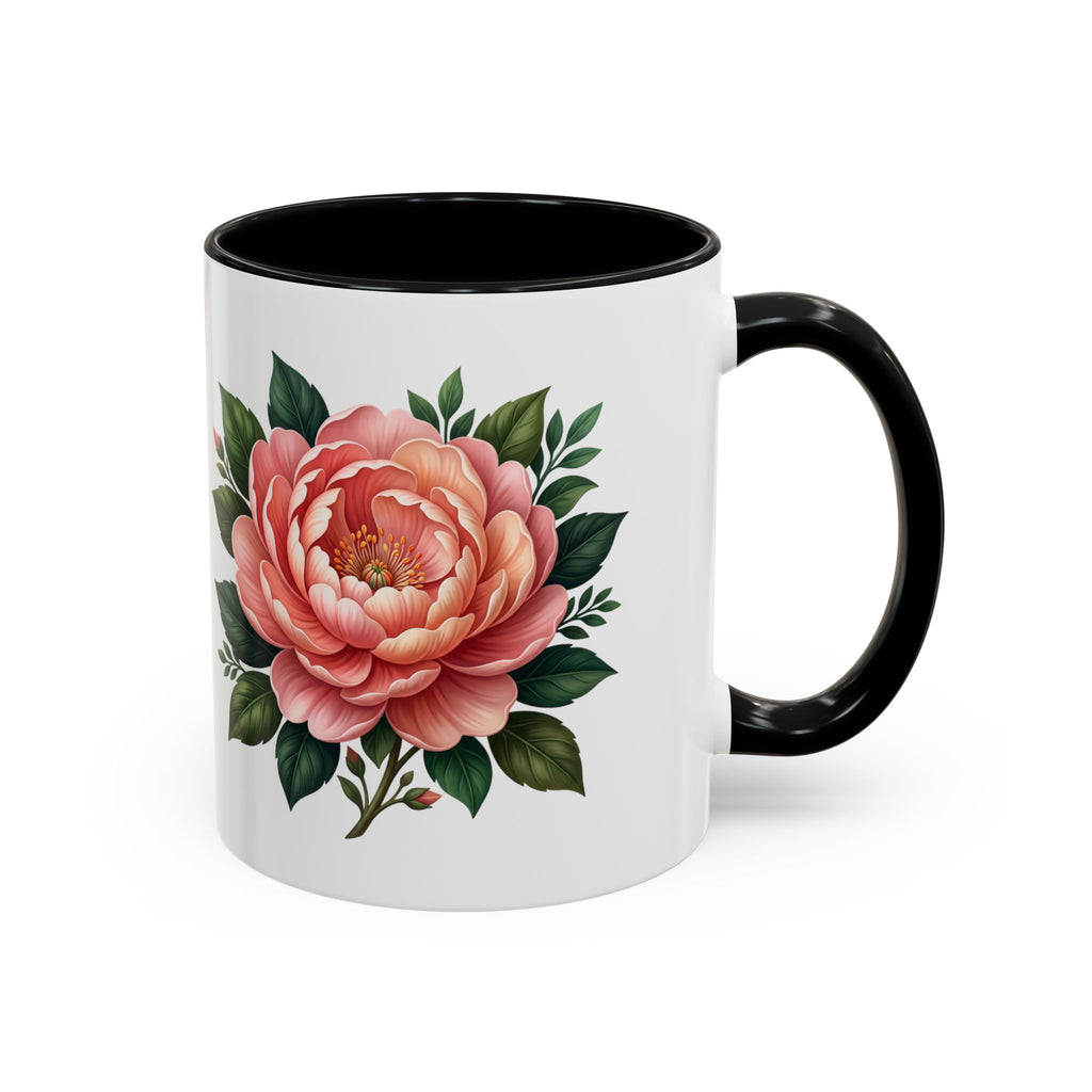 Floral Peony Accent Coffee Mug — Pink Rose Bloom Ceramic Cup