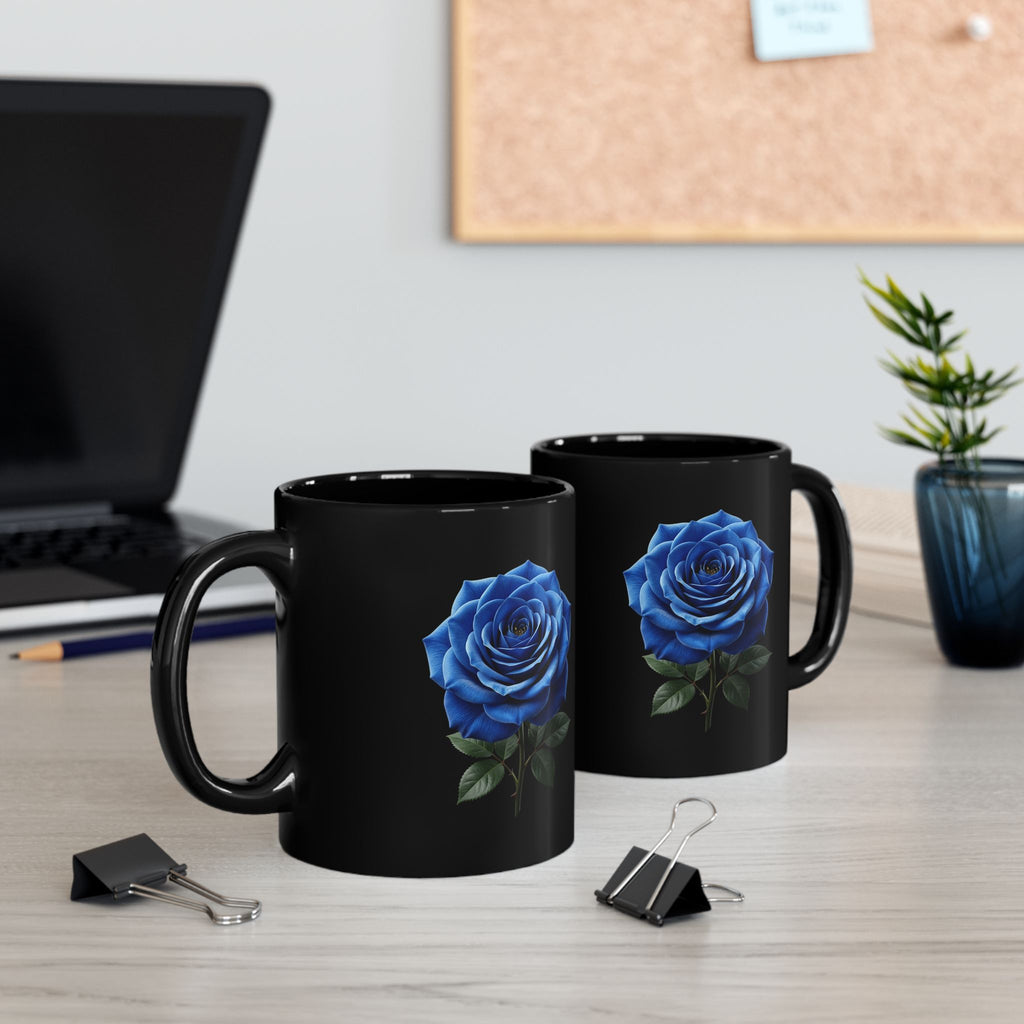 Blue Rose Black Mug — Elegant Floral Coffee Cup (11oz/15oz)