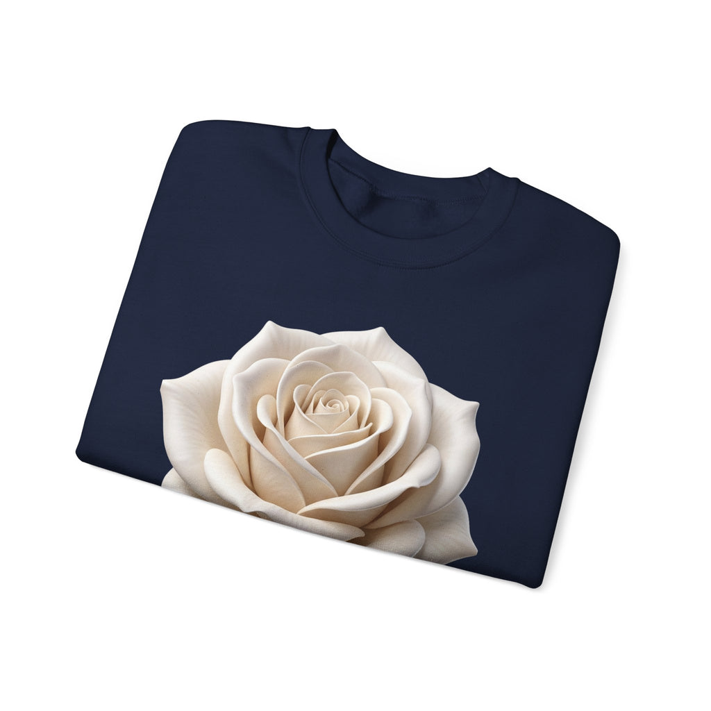 White Rose Crewneck Sweatshirt — Elegant Botanical Floral Pullover