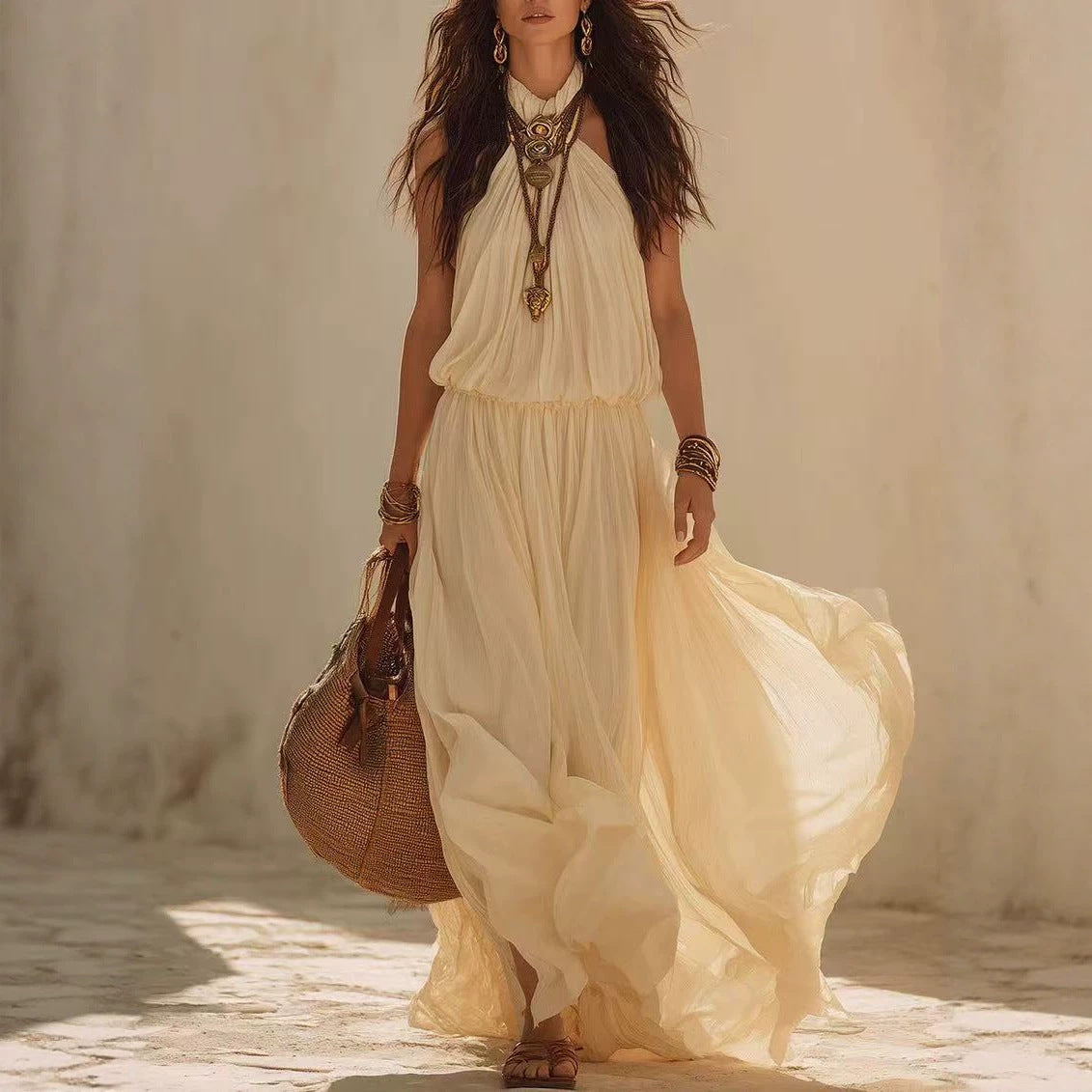 Halter neck and waist cinching dress