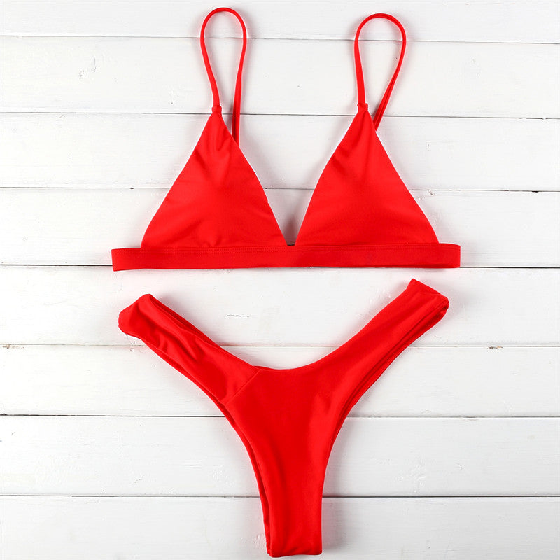 Deep V Neck Bikini Set with Triangular Cups and Thong Bottom Swimwear