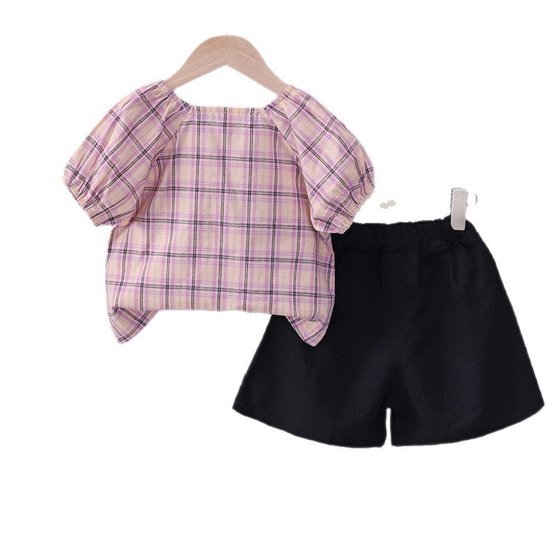 Cute plaid short sleeved shorts two-piece set