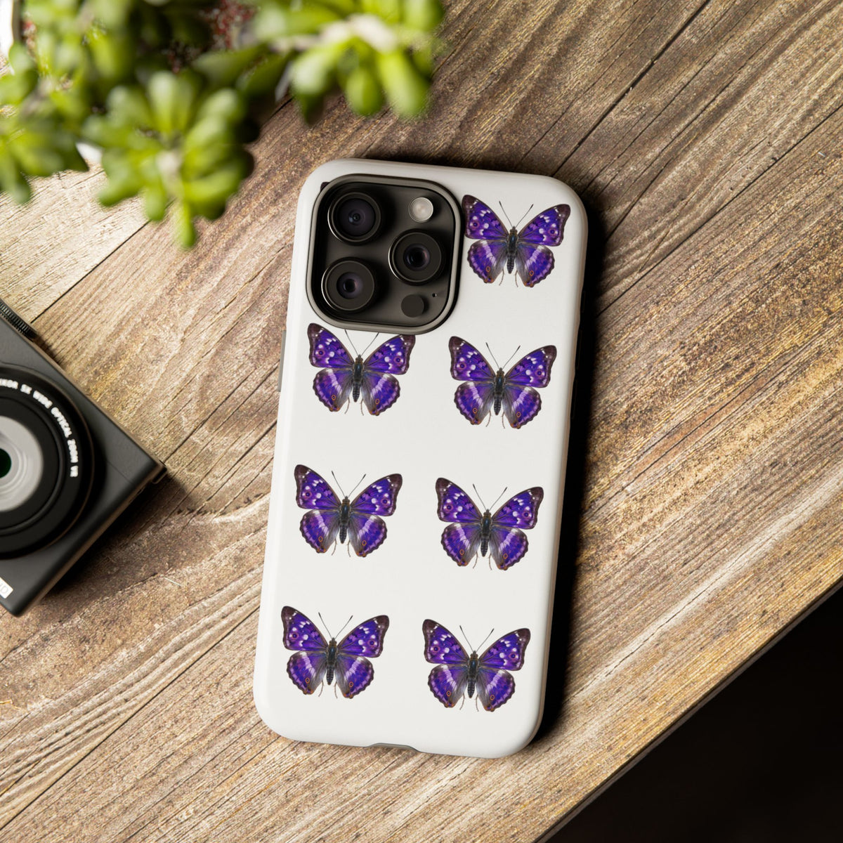 Purple Butterfly Tough Phone Case — Durable Protective iPhone Case with Repeating Butterfly Pattern