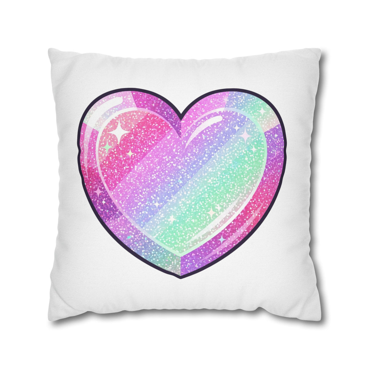 Pastel Glitter Heart Pillowcase — Cute Rainbow Sparkle Decorative Throw Pillow- White