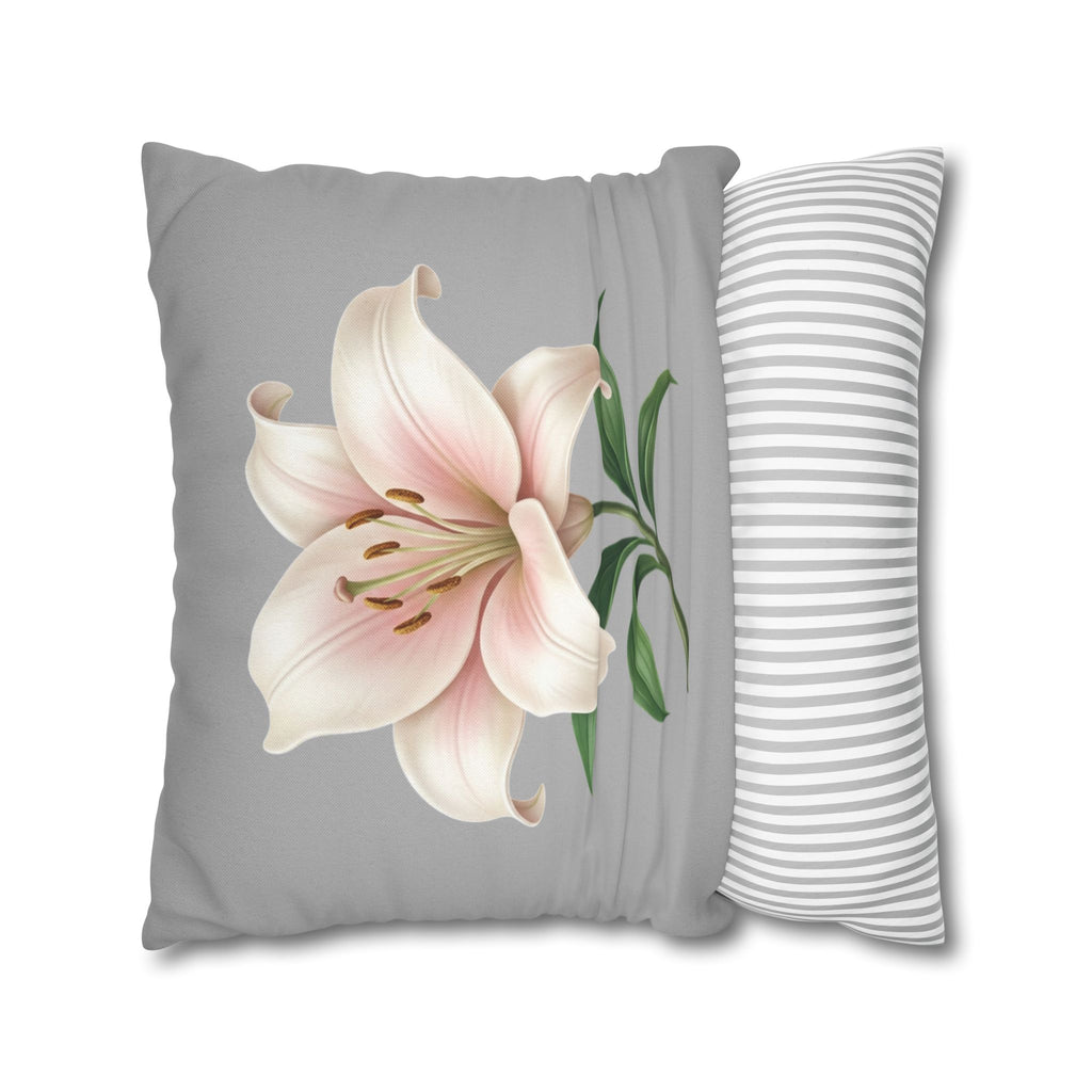 Floral Lily Throw Pillowcase — Pink Lily on Gray Decorative Cushion Cover