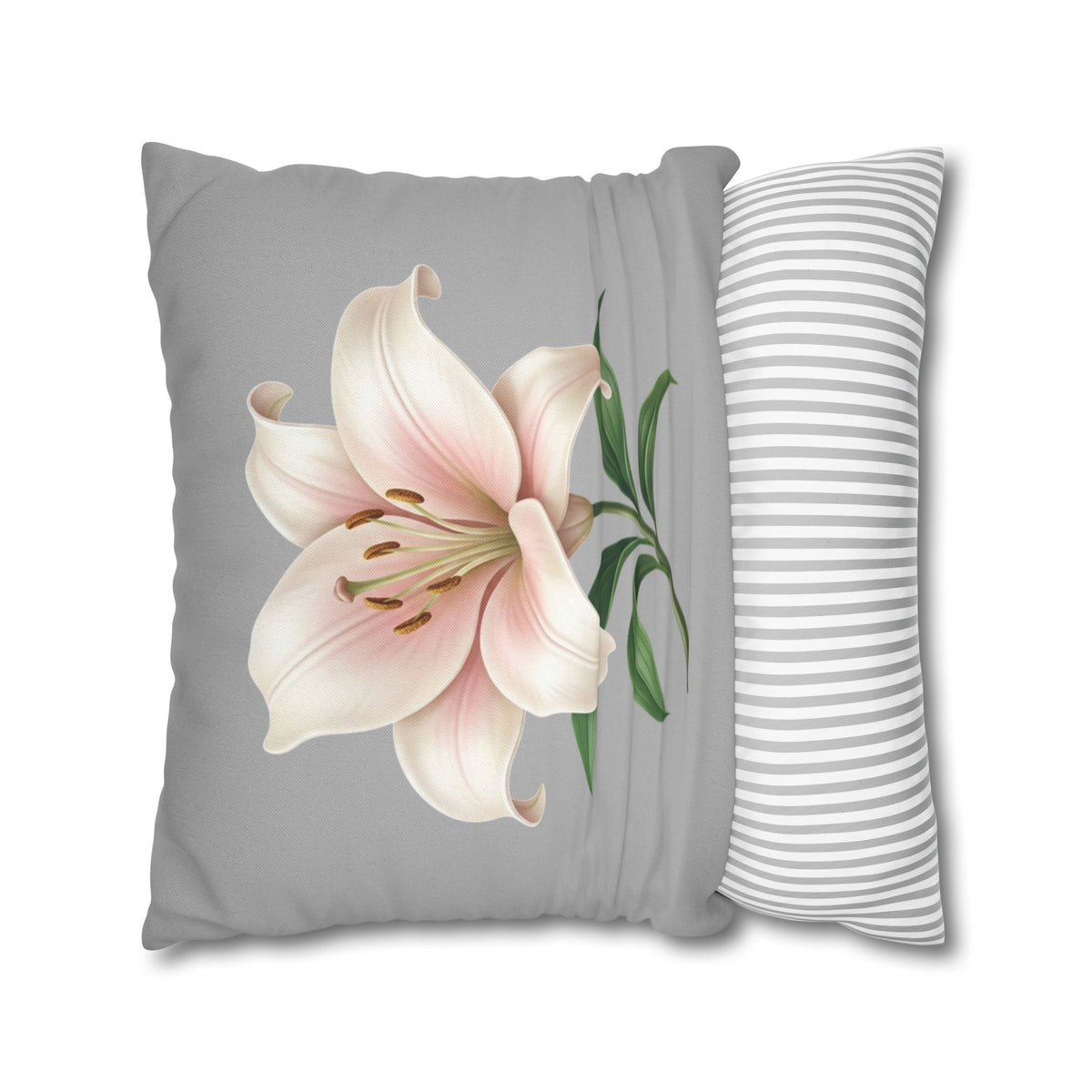 Floral Lily Throw Pillowcase — Pink Lily on Gray Decorative Cushion Cover