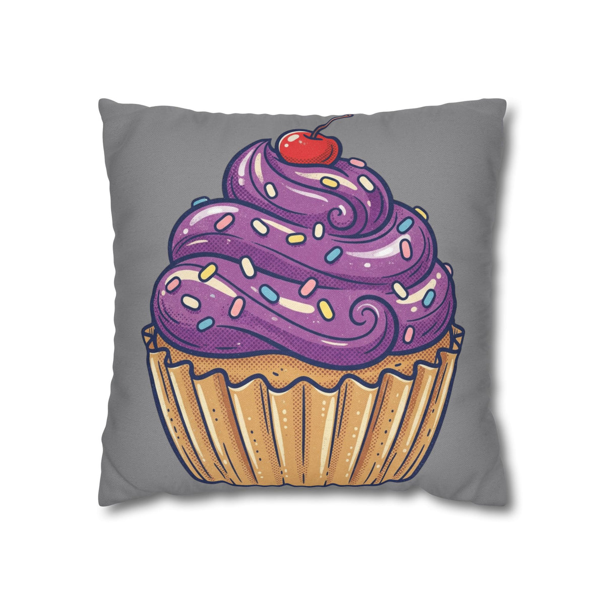 Cupcake Pillowcase — Whimsical Purple Frosting Decorative Throw Pillow- Grey