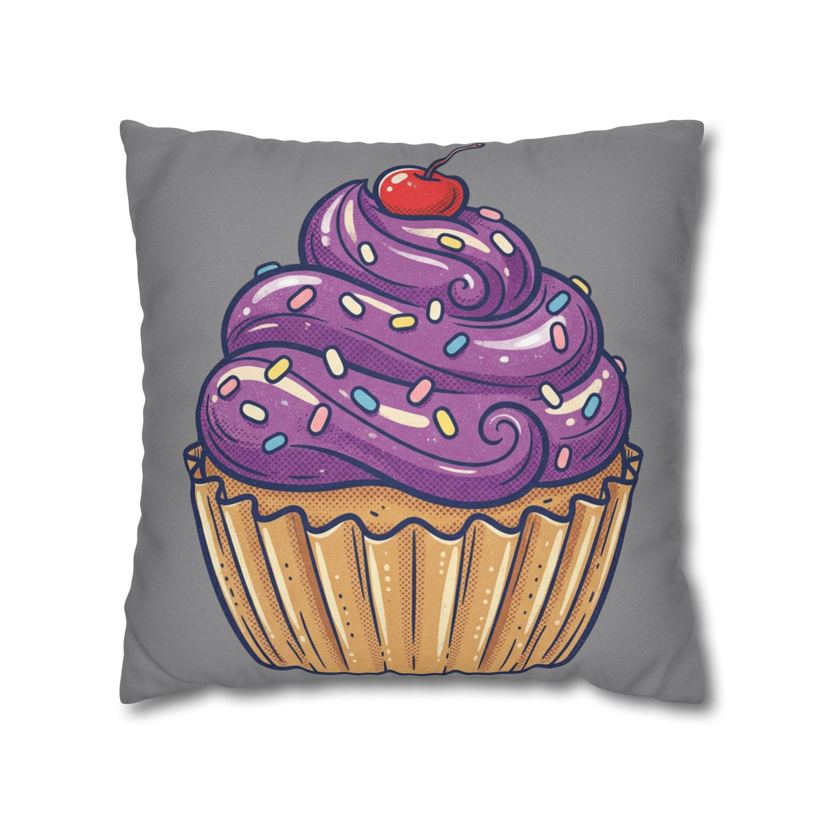 Cupcake Pillowcase — Whimsical Purple Frosting Decorative Throw Pillow- Grey