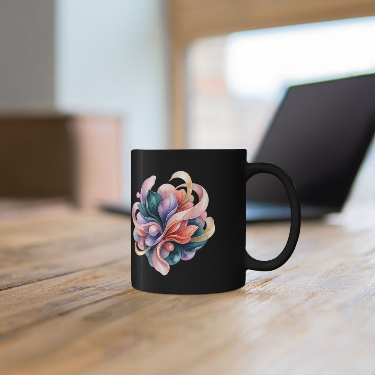 Floral Heart Black Mug — Colorful Watercolor Bouquet Coffee Cup (11oz & 15oz)