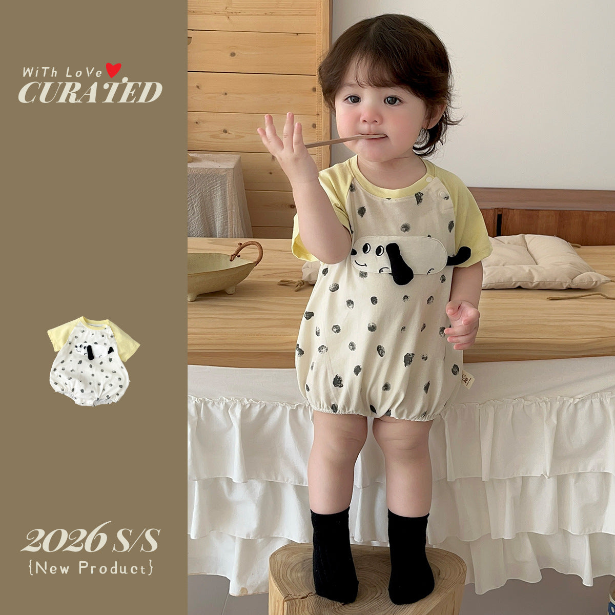 Shoulder Sleeve Short Sleeve Bodysuit Outfit Boy Dog Polka Dot Summer Crawling Suit