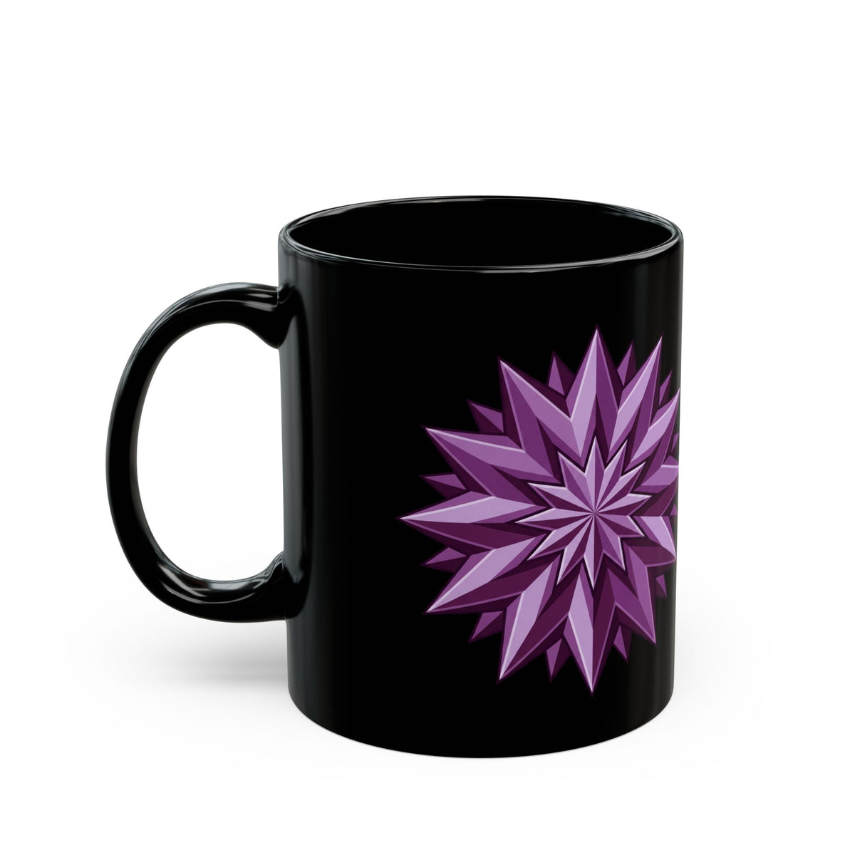 Purple Geometric Starburst Black Mug — 11oz & 15oz Ceramic Coffee Cup