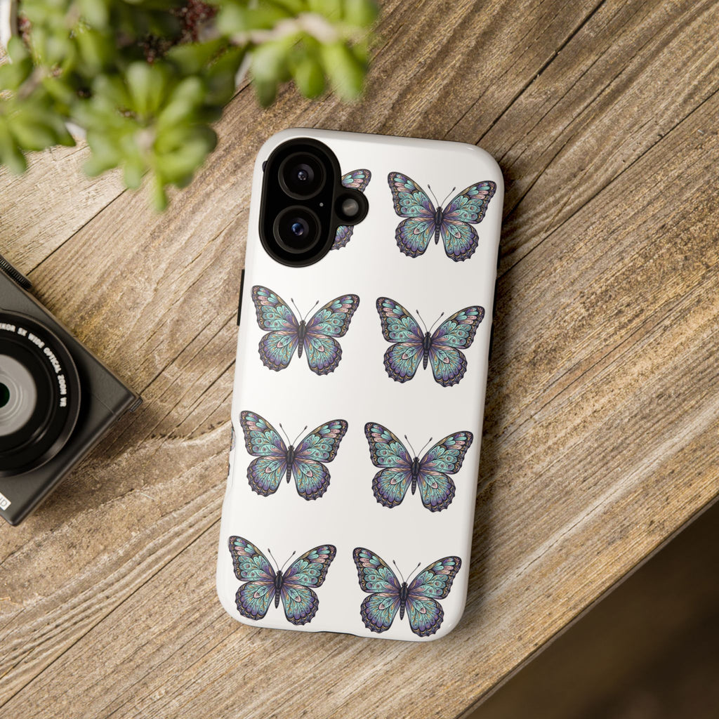 Butterfly Pattern Tough Phone Case — Vintage Teal Floral Protective Cover