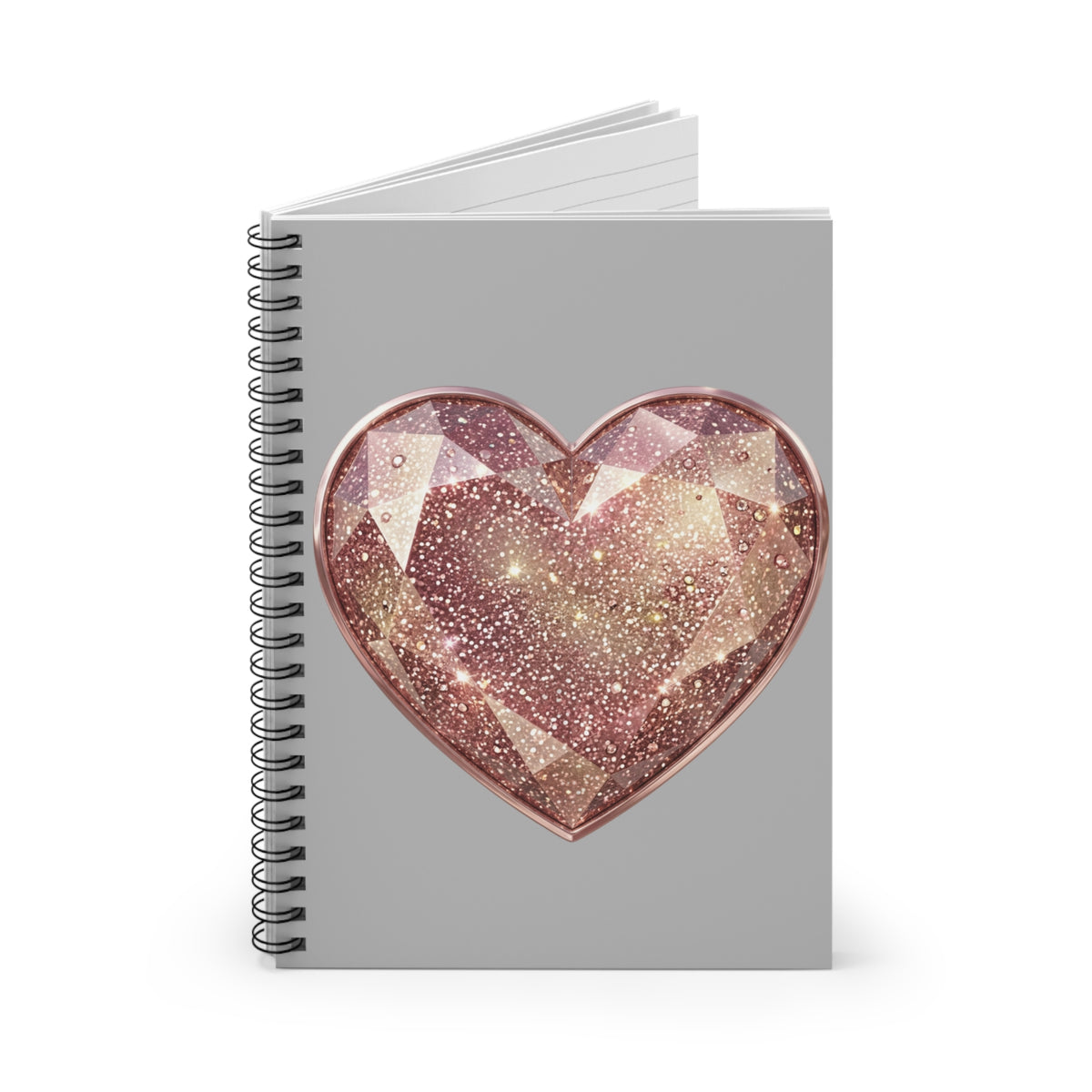 Rose Gold Glitter Heart Spiral Notebook — Ruled Journal for Teens & Gifts- Light Grey
