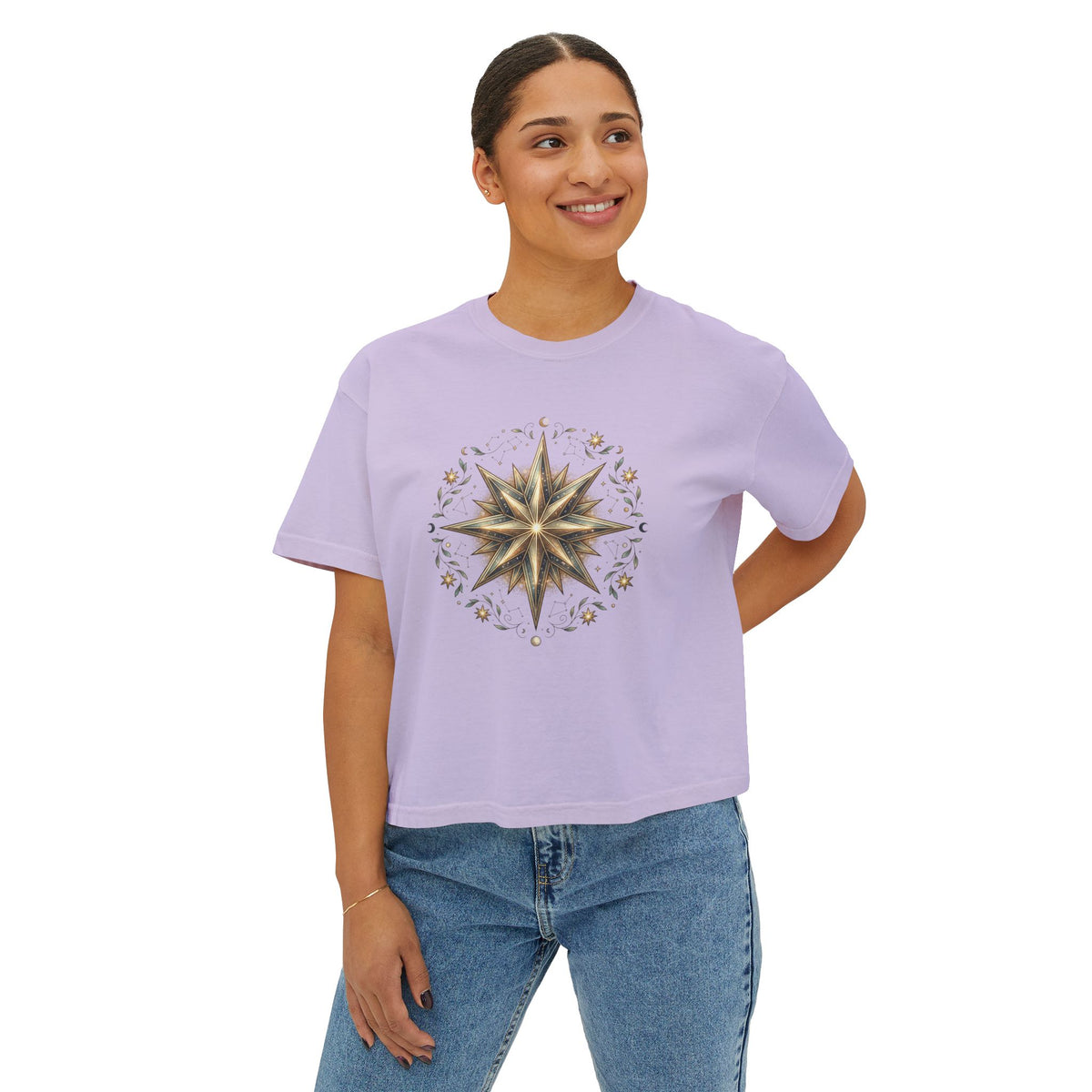 Starburst Floral Boxy Tee — Women's Boho Graphic Crop T-Shirt