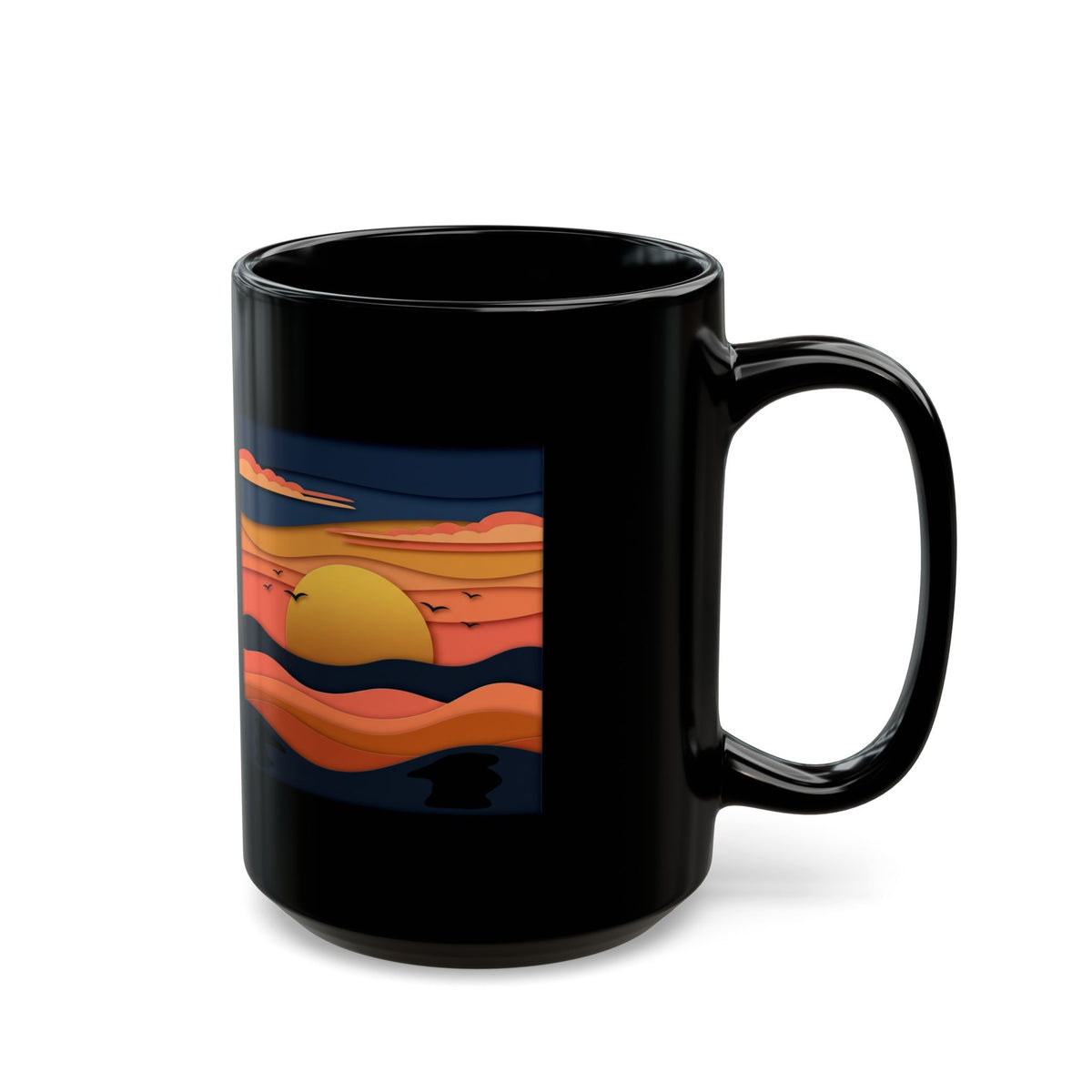 Sunset Waves Black Mug — Retro Ocean Sunrise Coffee Cup (11oz & 15oz)