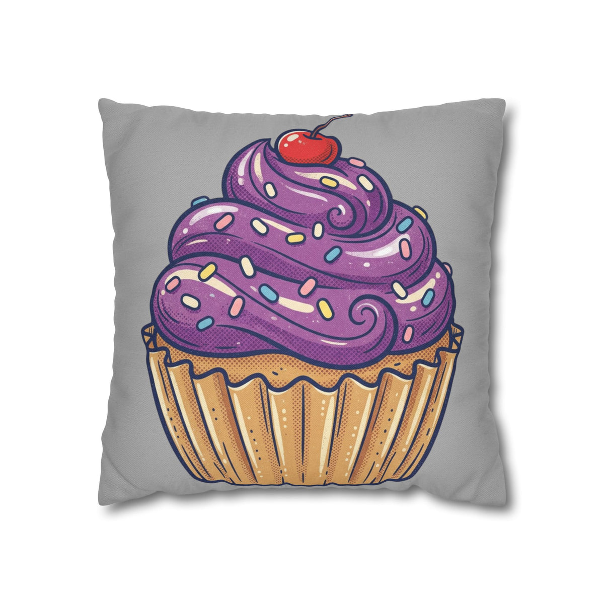 Cupcake Cushion Cover — Purple Frosting Dessert Pillowcase- Light Grey