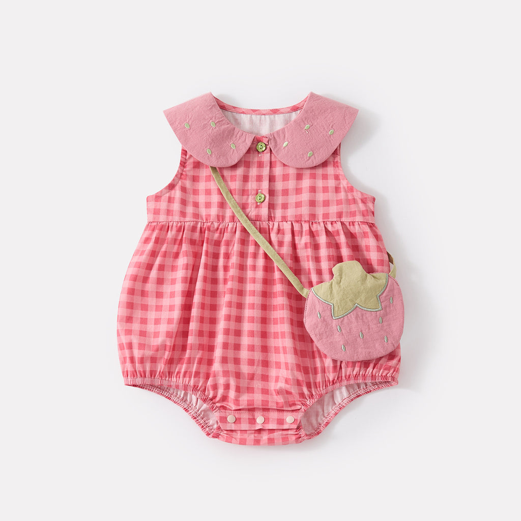 Baby Girl Cotton Checkered Sleeveless Romper with Peter Pan Collar Infant Clothes
