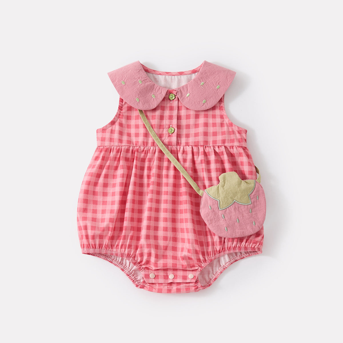 Baby Girl Cotton Checkered Sleeveless Romper with Peter Pan Collar Infant Clothes