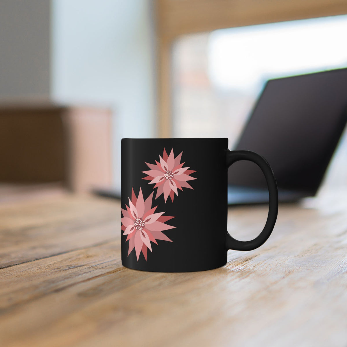 Pink Floral Pattern Black Coffee Mug — 11oz & 15oz