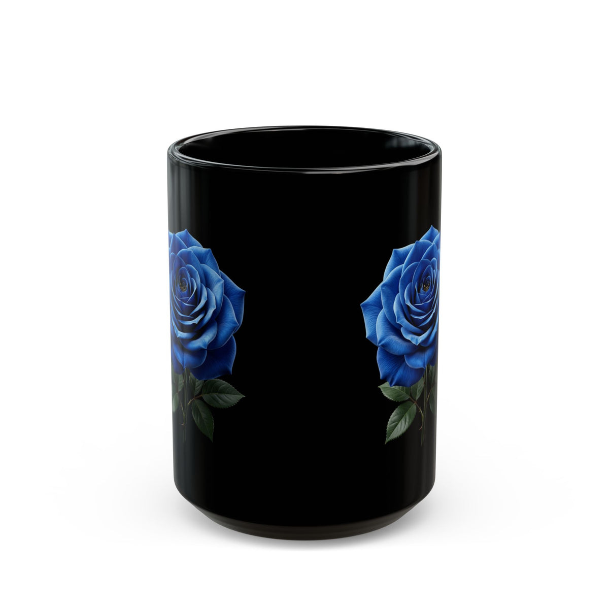 Blue Rose Black Mug — Elegant Floral Coffee Cup (11oz/15oz)