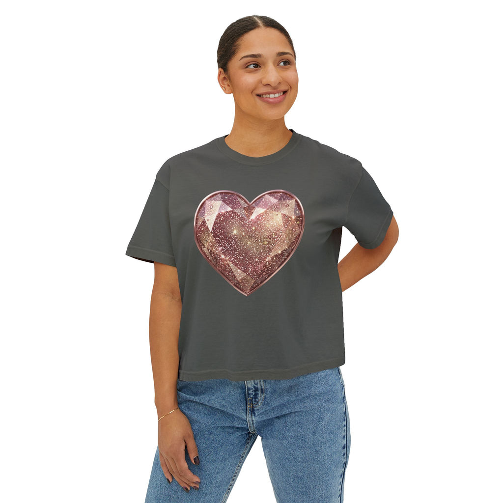 Glitter Gem Heart Boxy Tee — Women's Sparkle Heart Graphic Shirt