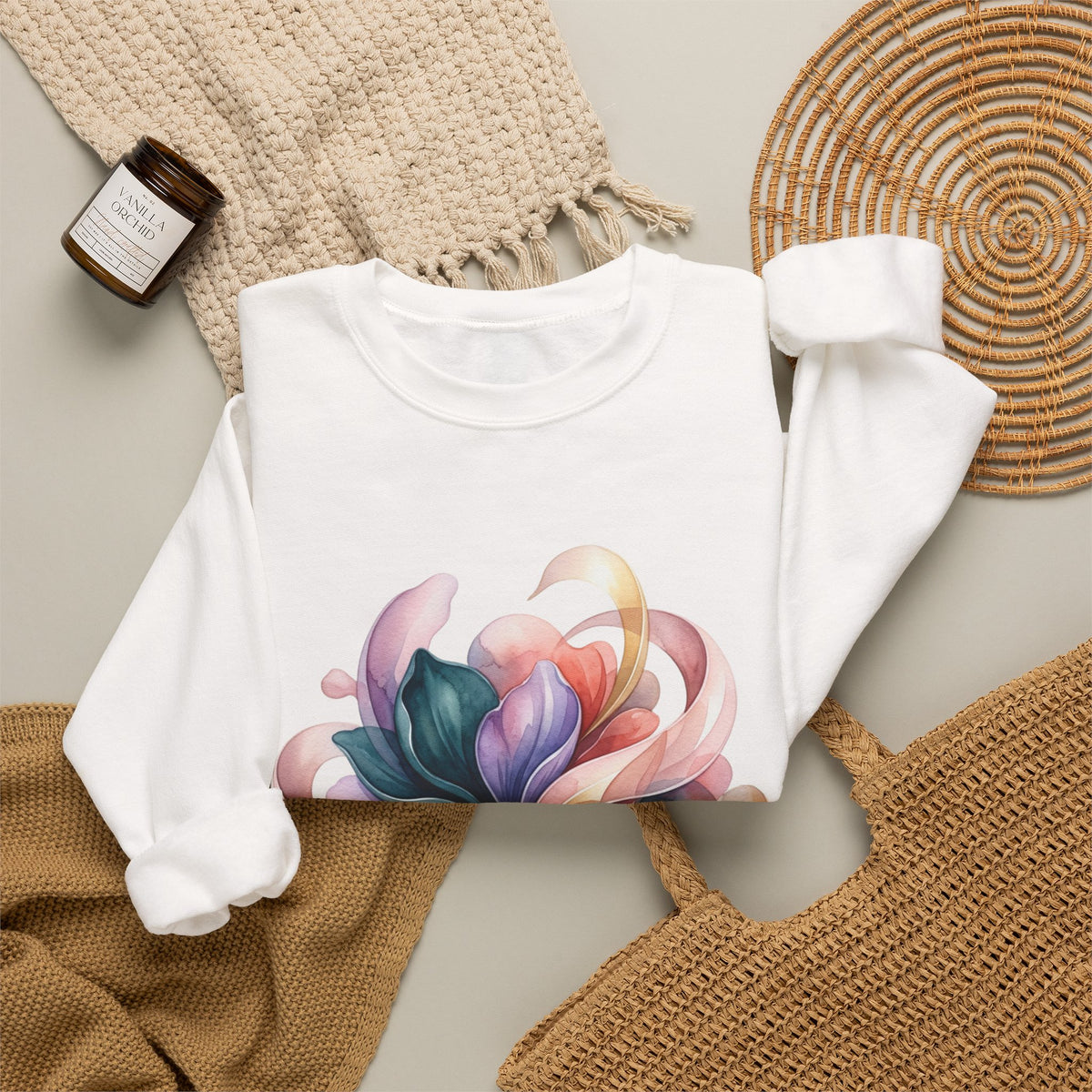 Abstract Floral Crewneck Sweatshirt — Pastel Swirl Art Pullover