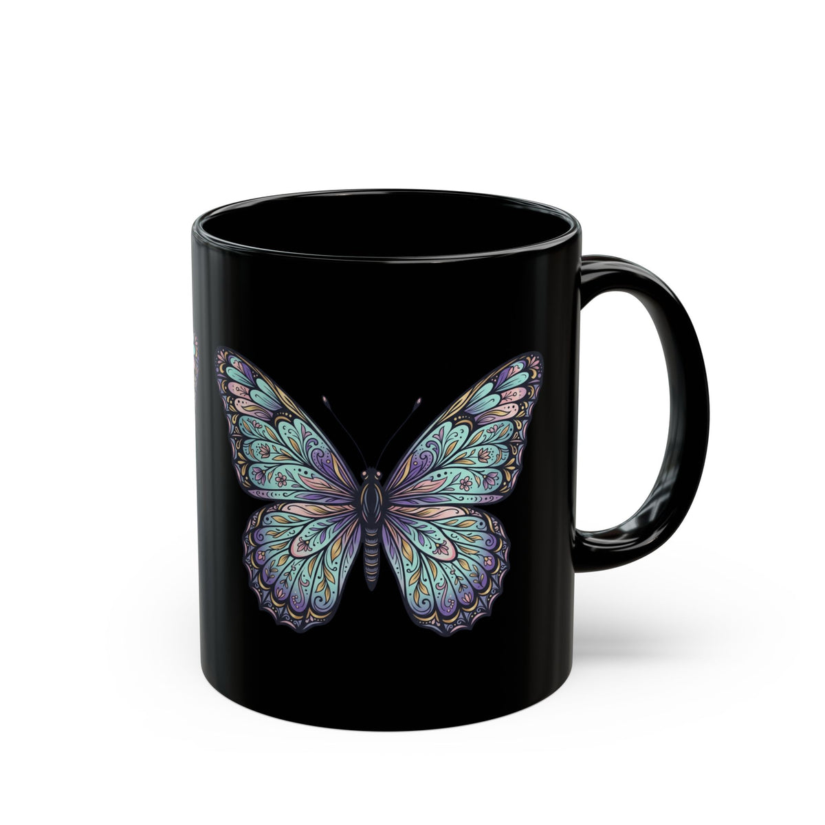 Iridescent Butterfly Black Mug — 11oz & 15oz Ceramic Coffee Cup