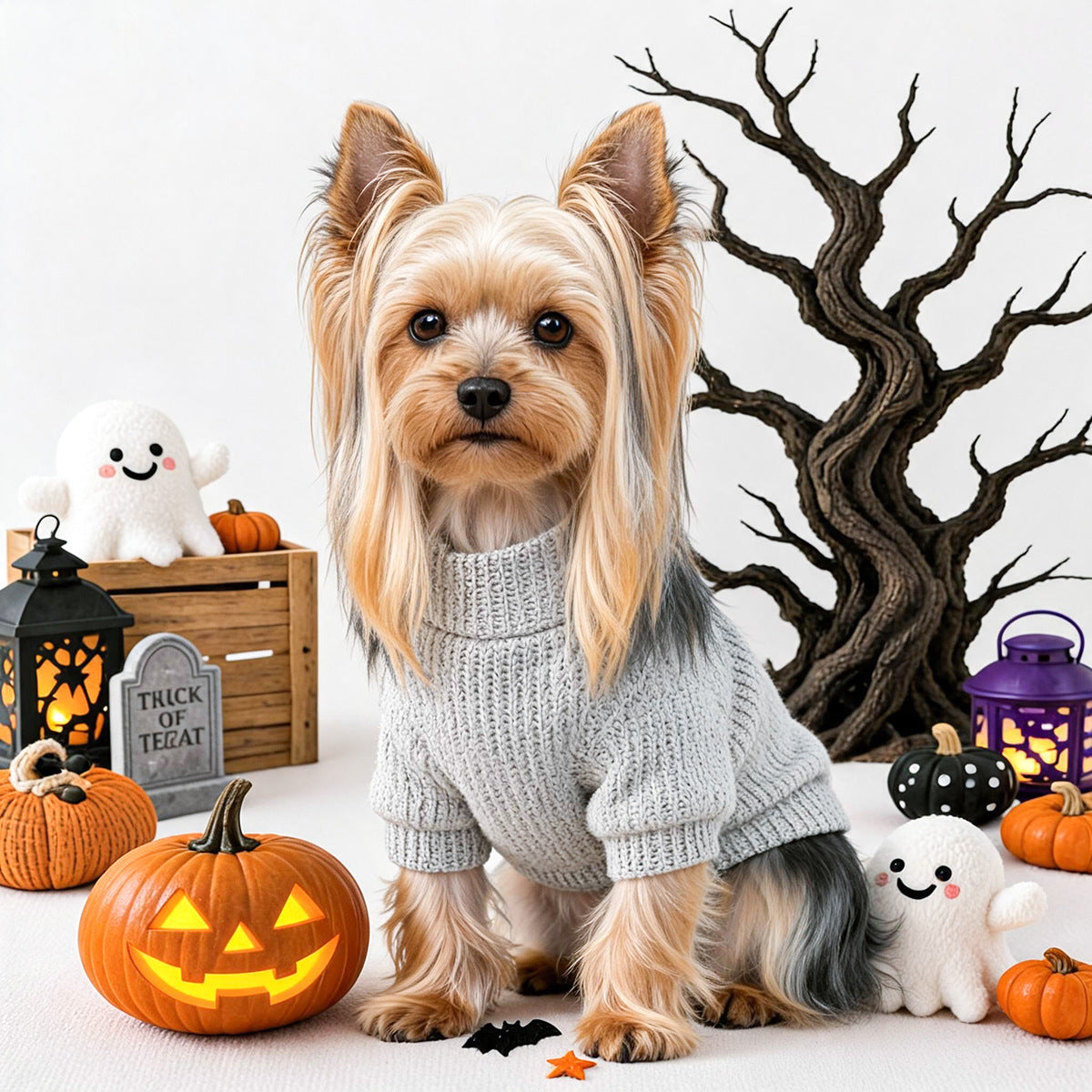 Cute Pet Clothing for Small Dogs and Cats, Halloween Pumpkin Ghost Crewneck Sweater