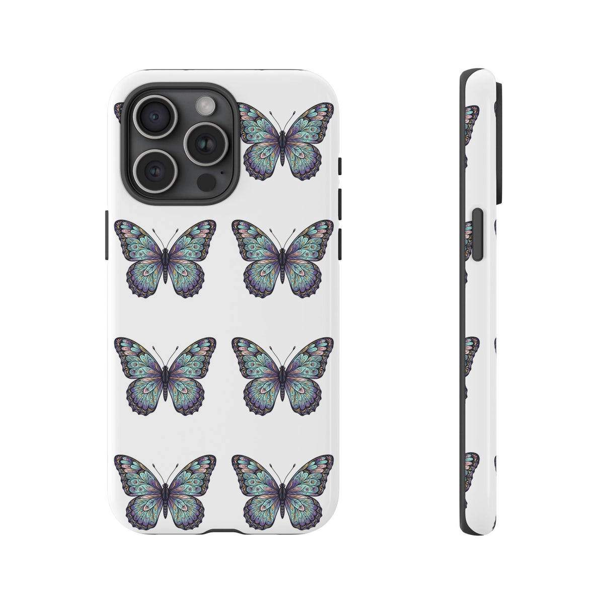 Butterfly Pattern Tough Phone Case — Vintage Teal Floral Protective Cover