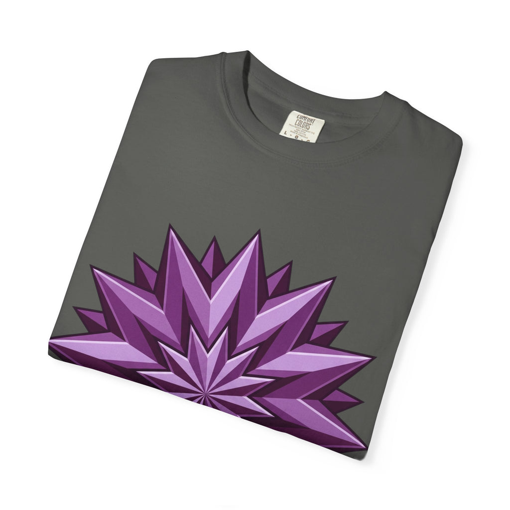 Purple Geometric Starburst T-Shirt — Bold 3D Floral Graphic Tee