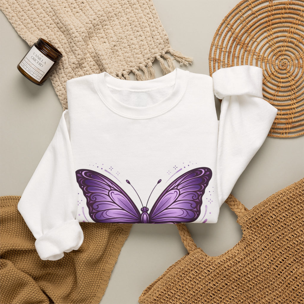 Purple Butterfly Crewneck Sweatshirt — Vibrant Graphic Butterfly Pullover