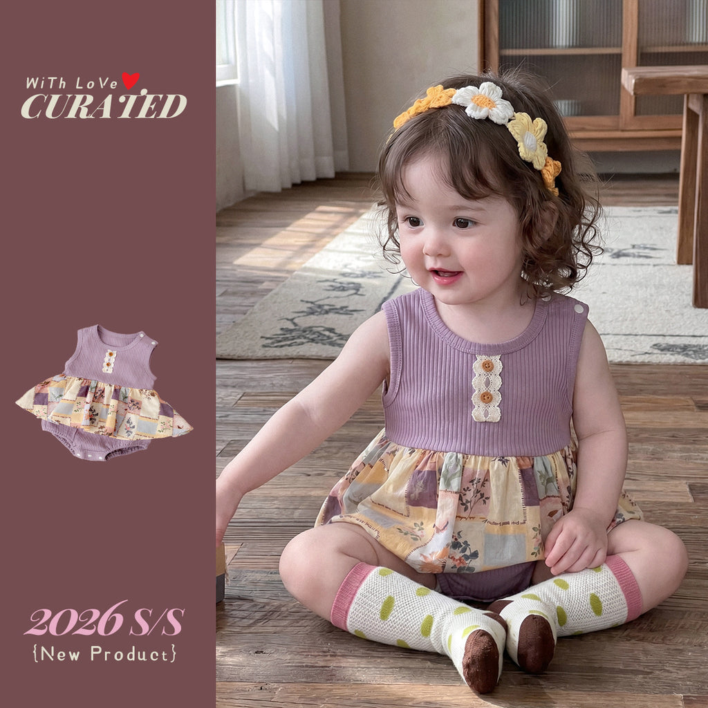 Striped Floral Patchwork Onesie, Newborn Baby Outfit for Outdoor Wear