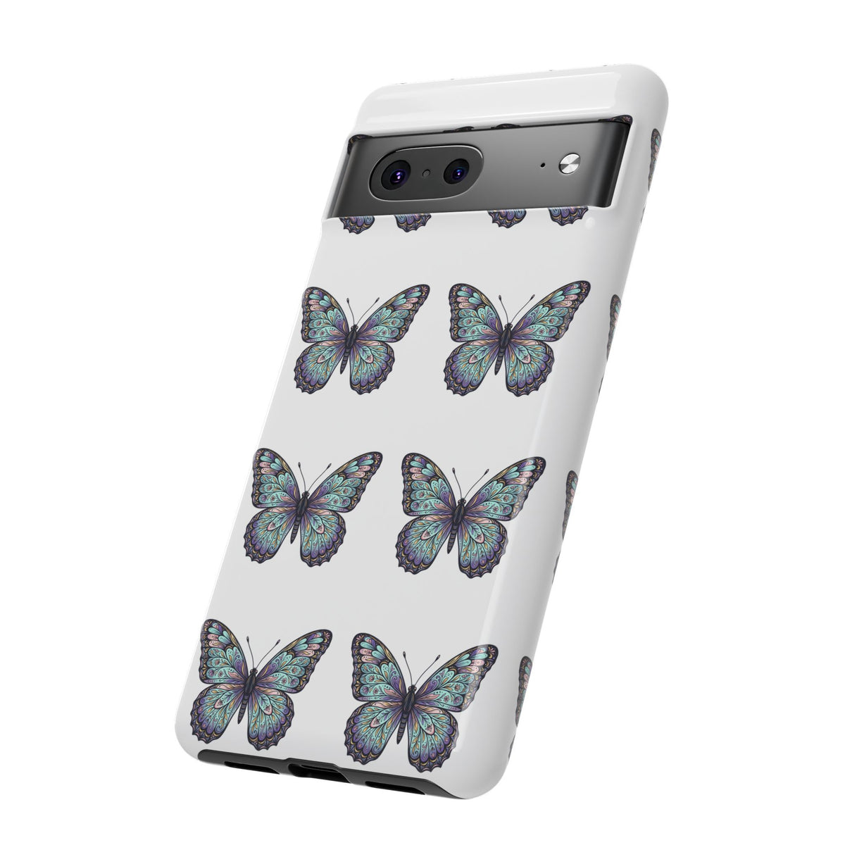 Butterfly Pattern Tough Phone Case — Vintage Teal Floral Protective Cover