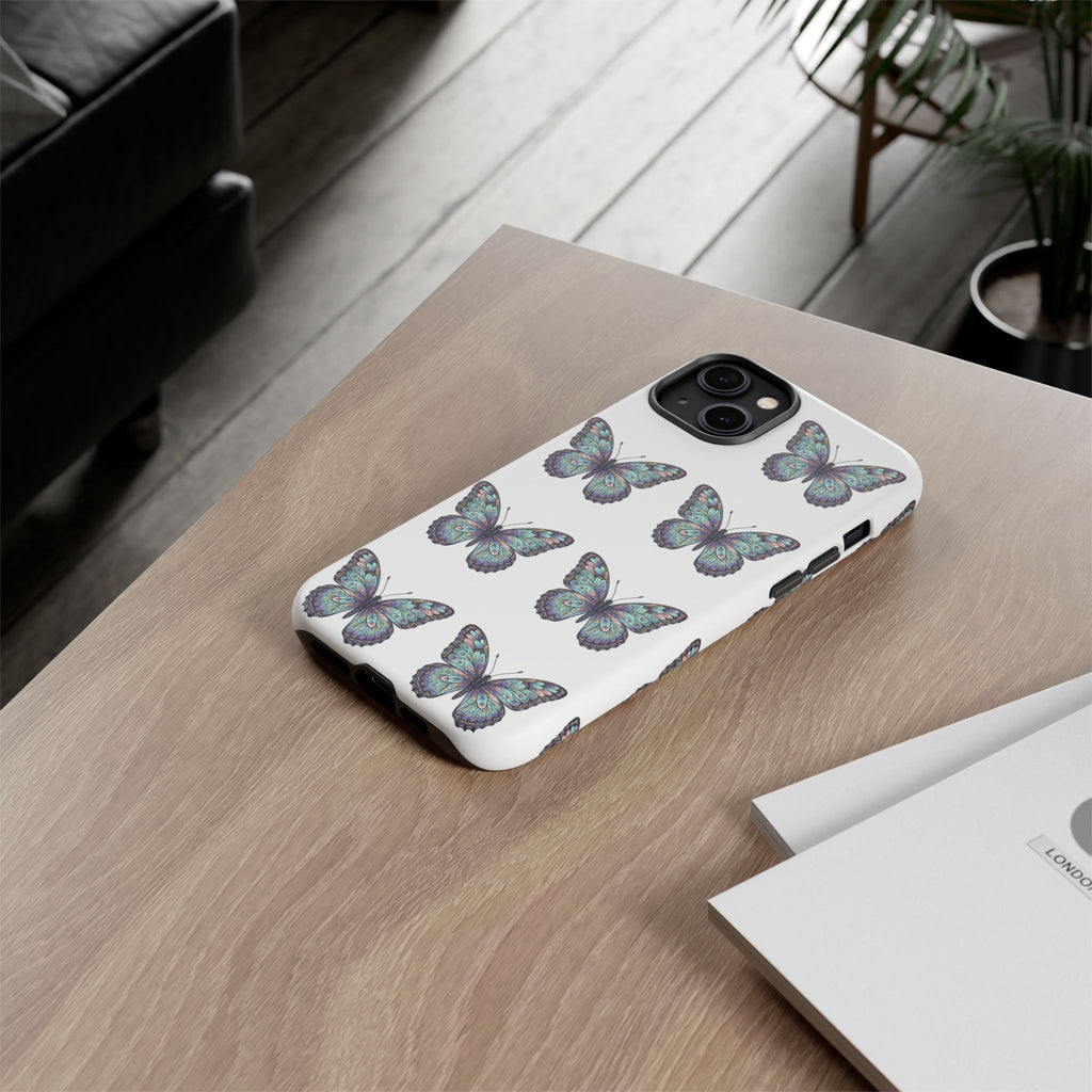 Butterfly Pattern Tough Phone Case — Vintage Teal Floral Protective Cover