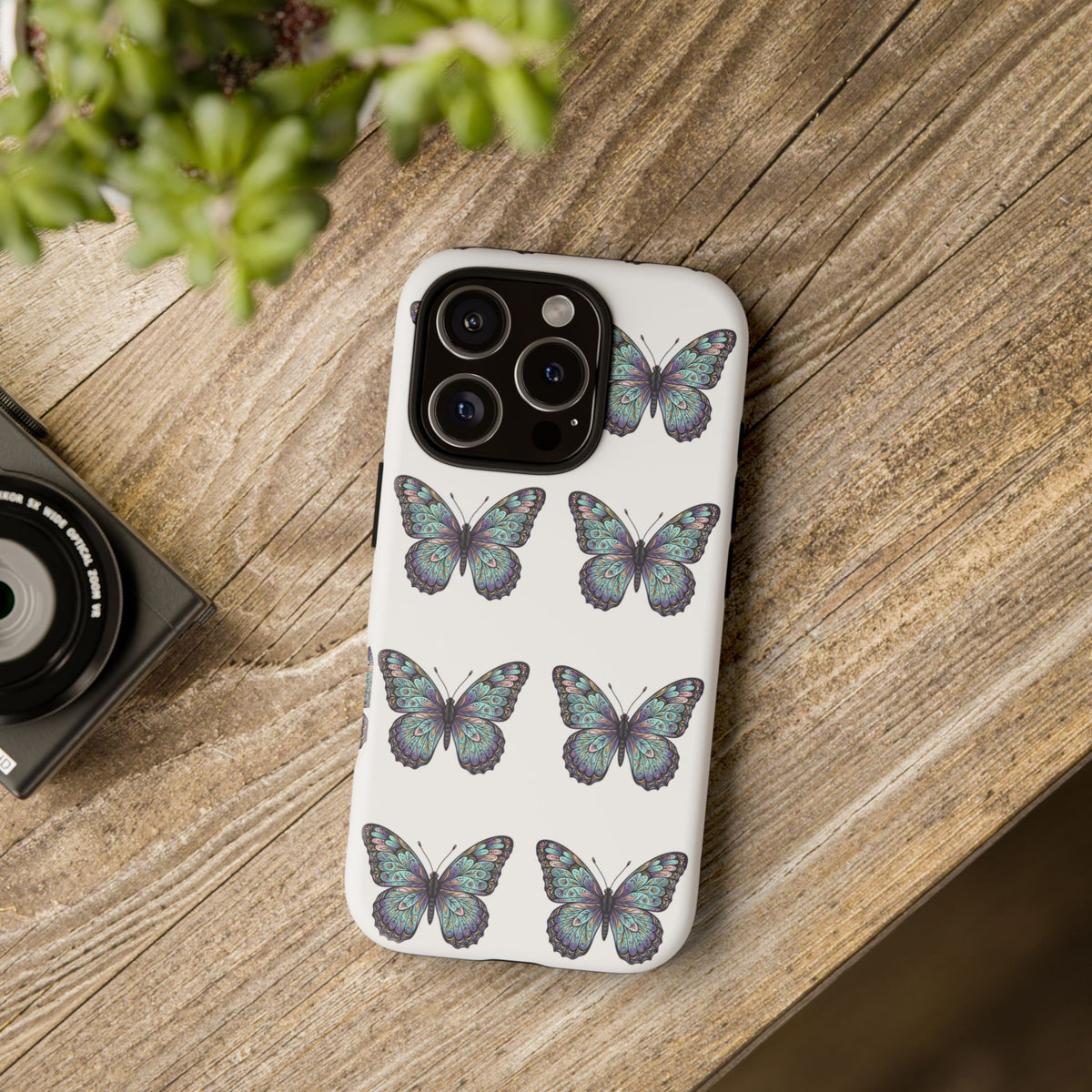 Butterfly Pattern Tough Phone Case — Vintage Teal Floral Protective Cover