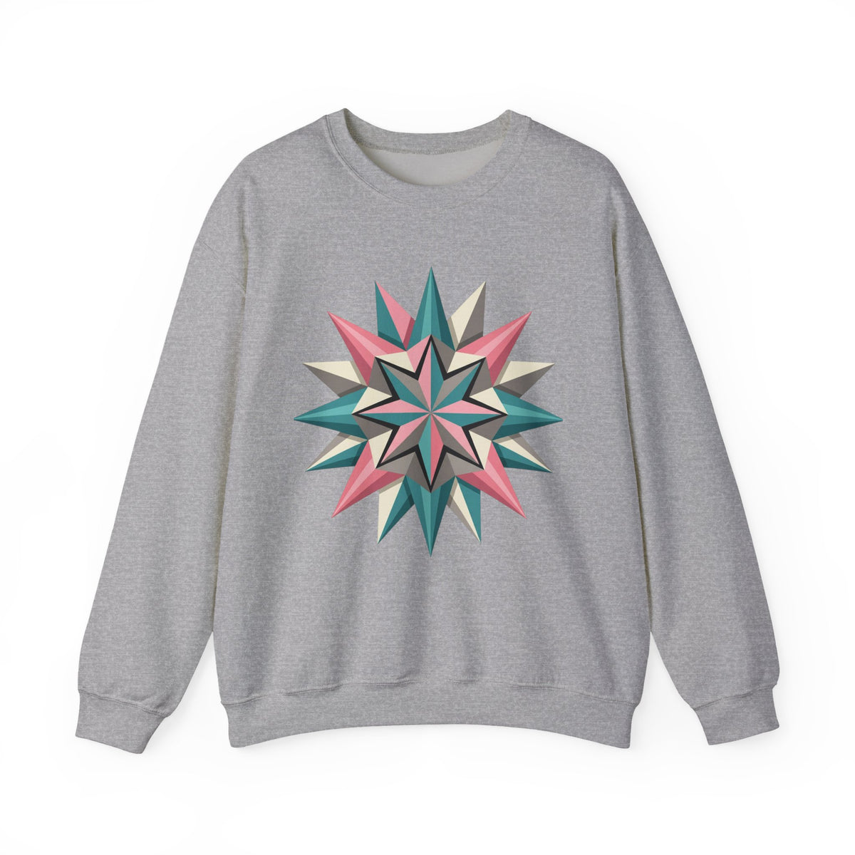 Geometric Starburst Crewneck Sweatshirt — Pink Teal Modern Compass Design