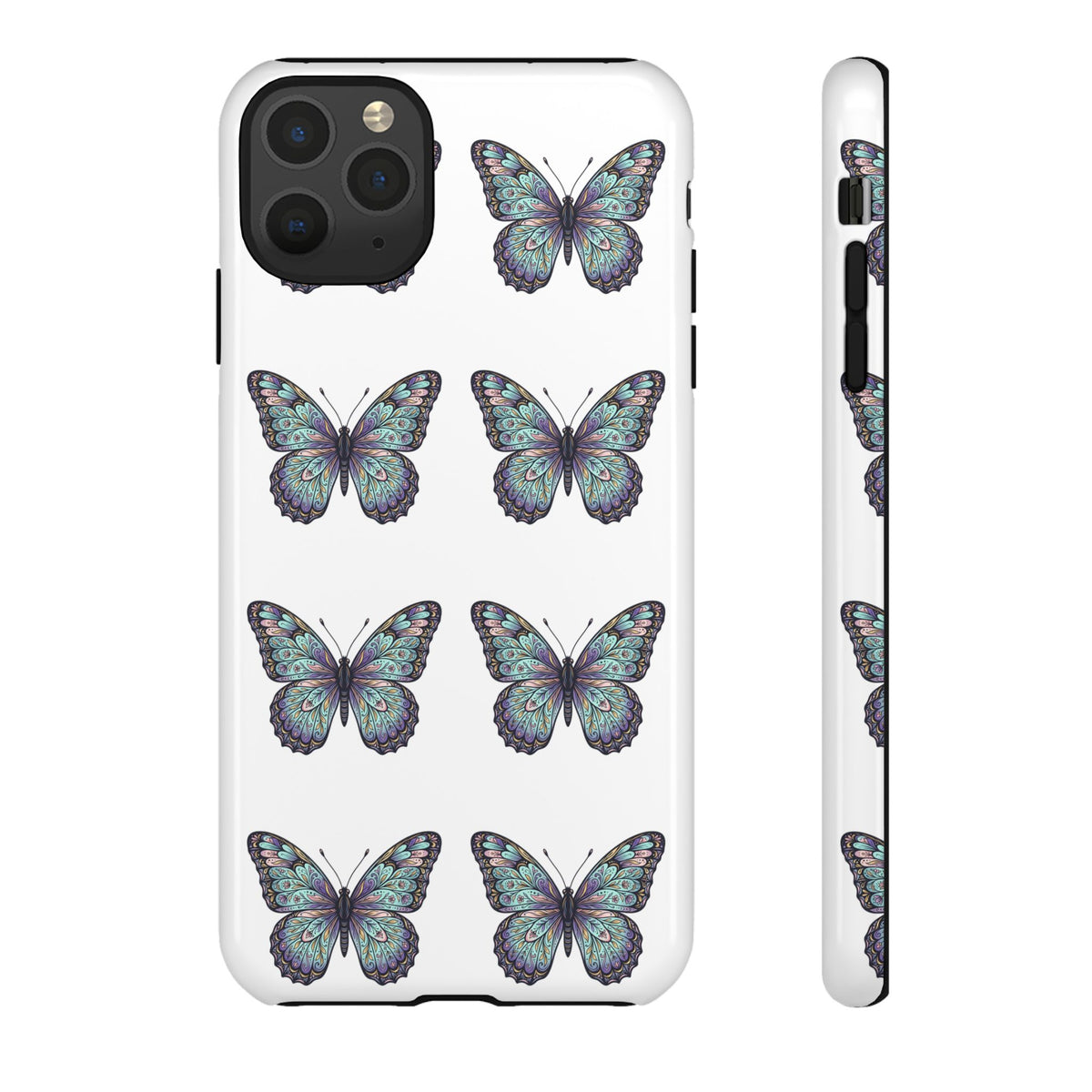 Butterfly Pattern Tough Phone Case — Vintage Teal Floral Protective Cover