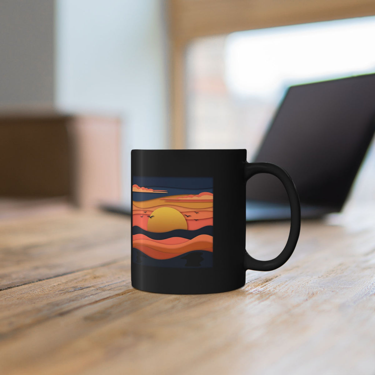 Sunset Waves Black Mug — Retro Ocean Sunrise Coffee Cup (11oz & 15oz)