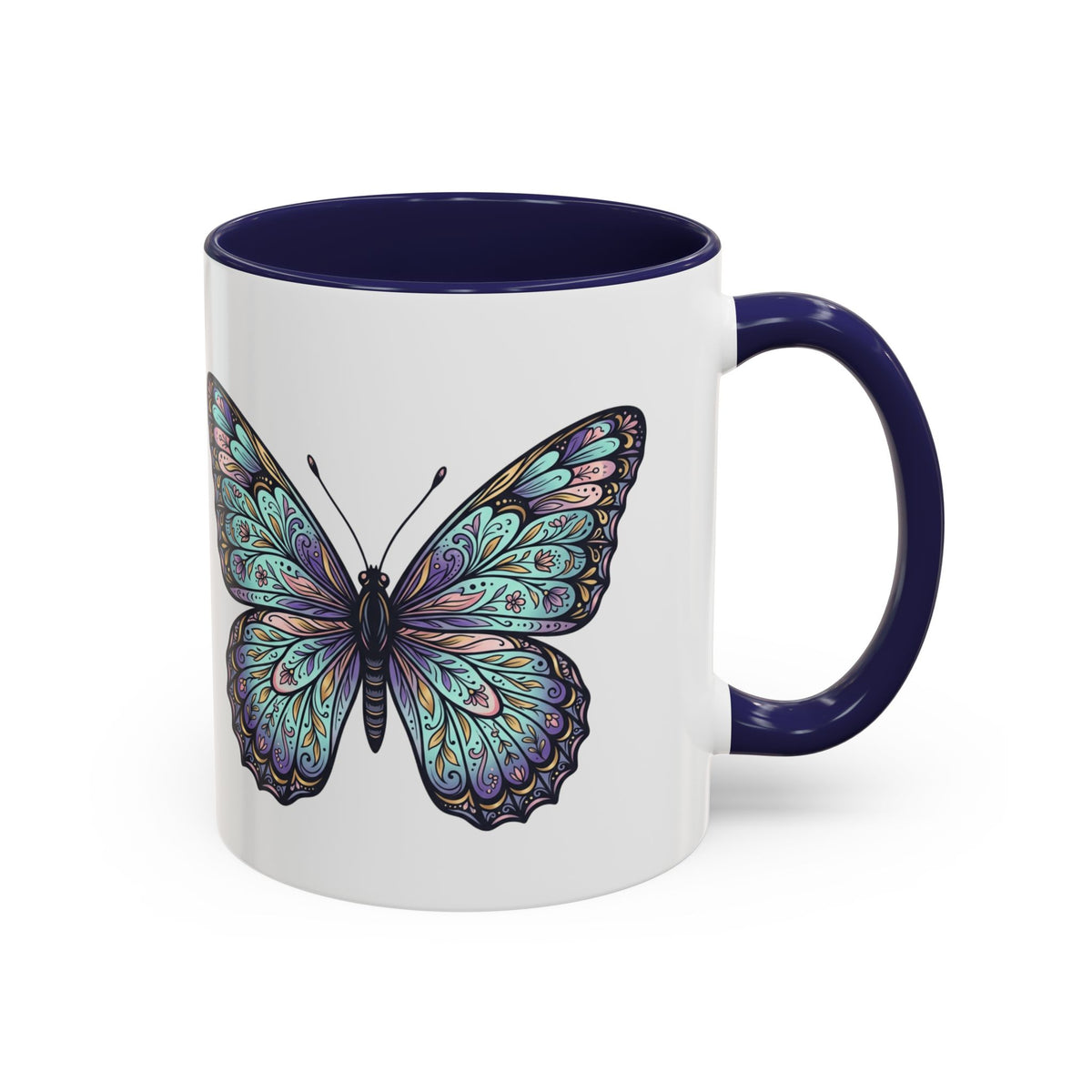 Butterfly Accent Coffee Mug — Teal Mandala Wing Design (11/15oz)