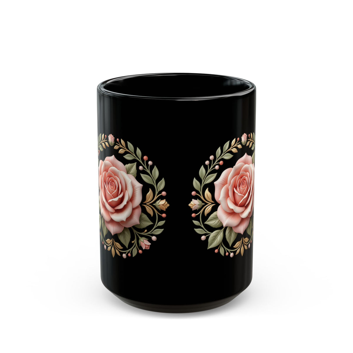 Black Rose Ceramic Mug — Elegant Pink Floral Coffee Cup (11oz & 15oz)