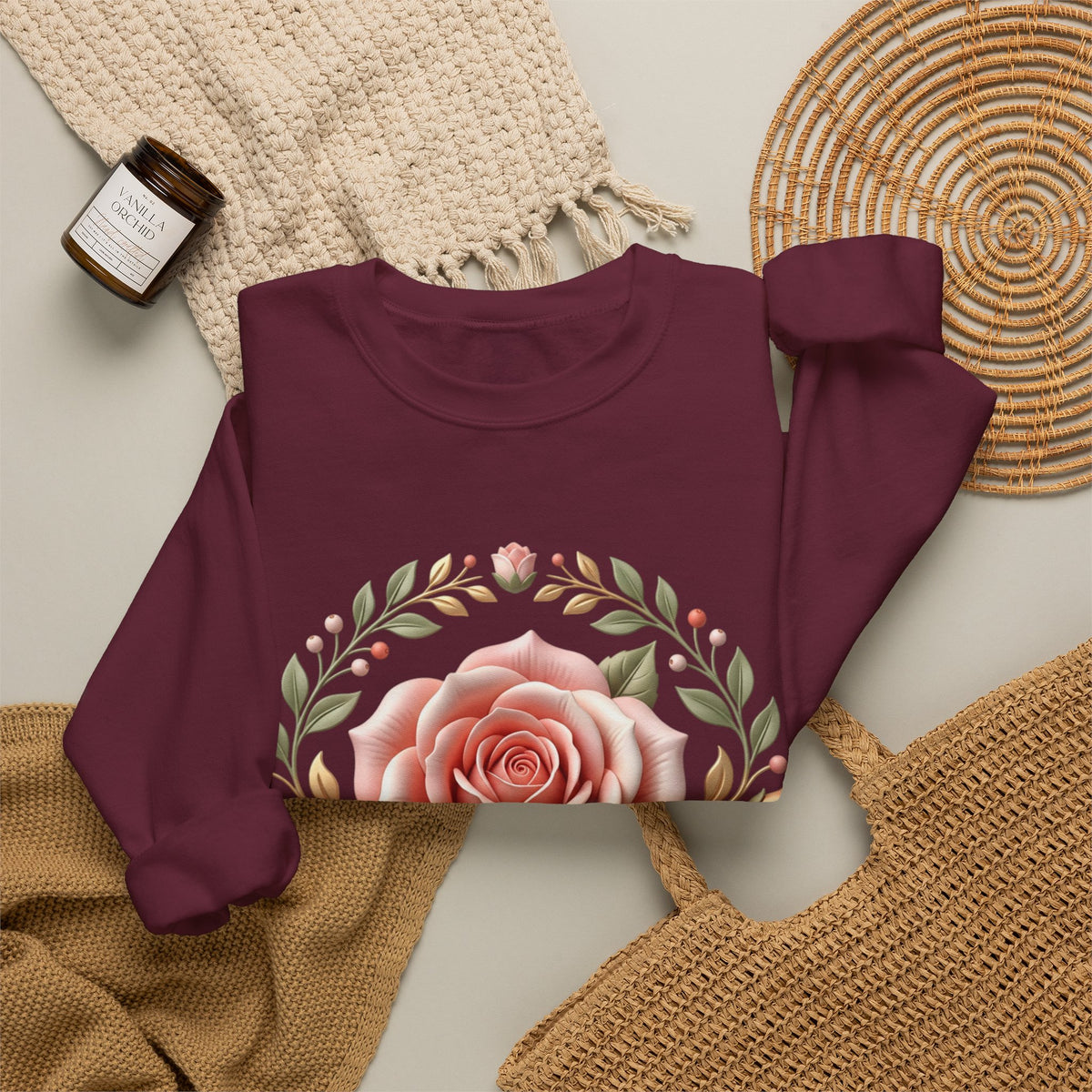 Rose Wreath Crewneck Sweatshirt — Vintage Floral Rose Pullover