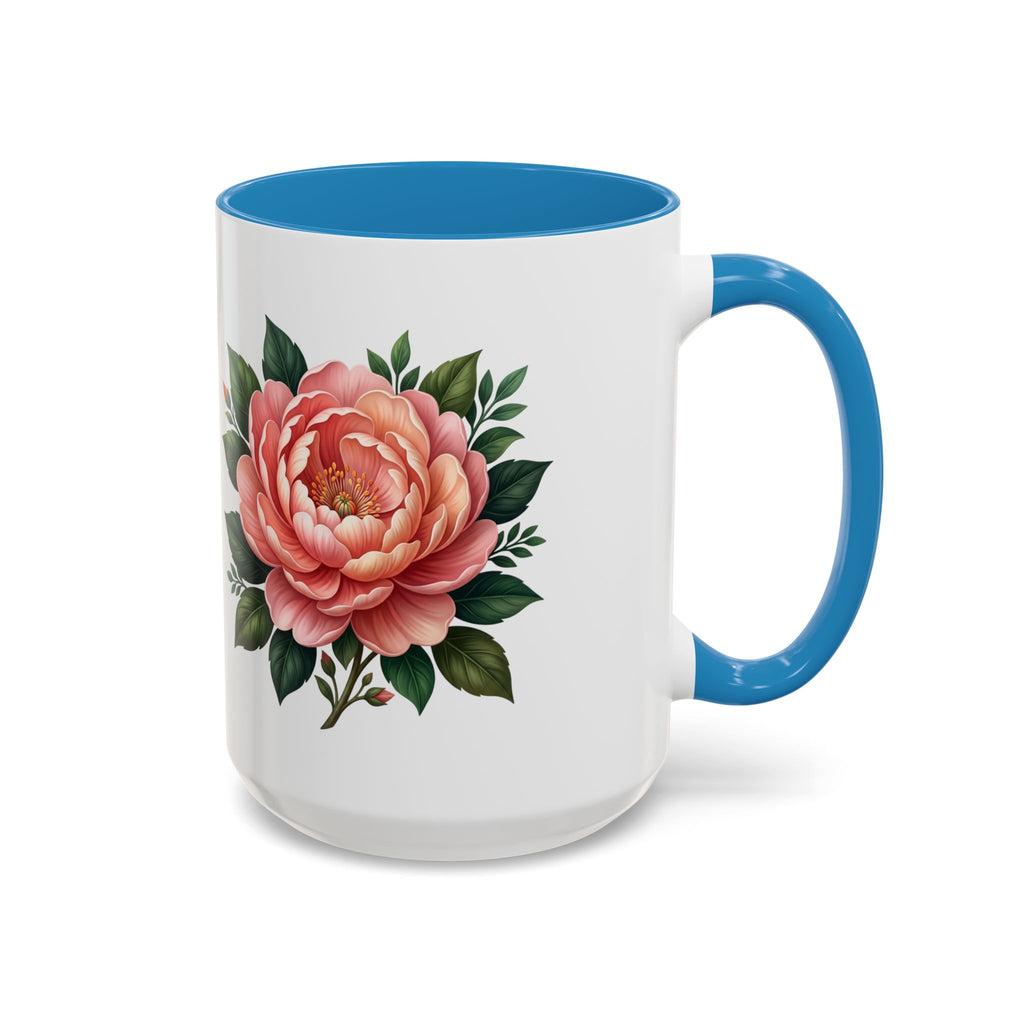 Floral Peony Accent Coffee Mug — Pink Rose Bloom Ceramic Cup