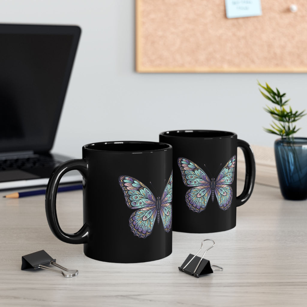 Iridescent Butterfly Black Mug — 11oz & 15oz Ceramic Coffee Cup