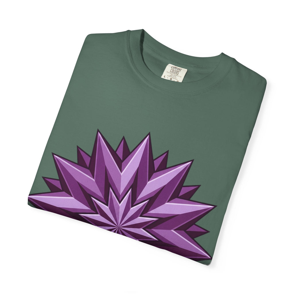 Purple Geometric Starburst T-Shirt — Bold 3D Floral Graphic Tee